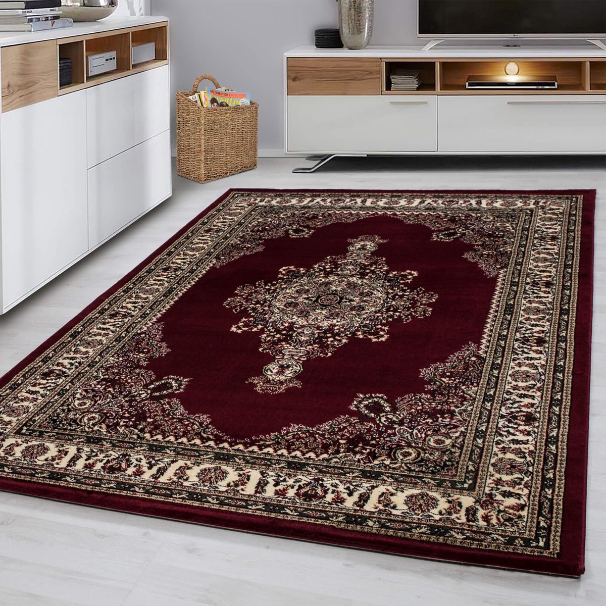 Oosterse vloerkleed, oosters design, rode kleur, vloerkleed voor de woonkamer, jute achterkant, afmeting: 80 x 150 cm