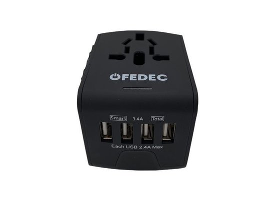 FEDEC Universele Wereldstekker met 4 USB Poorten - Internationale Reisstekker voor 150+ landen - Engeland (UK) - Amerika (USA) - Australië - Azië - Zuid Amerika - Reis Adapter - Wereld Stekker - Oplader – Zwart