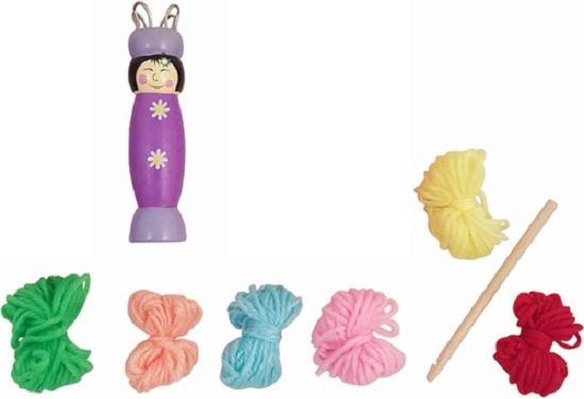 Houten punnikklos punnik popje paars met wol