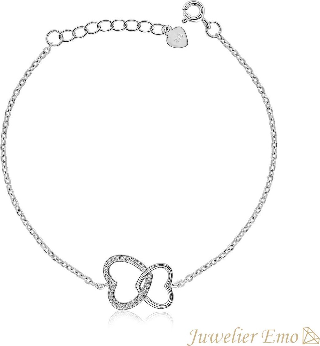 Juwelier Emo - Dubbele Hart Armband met Zirkonia's - Zilveren Armband Dames - LENGTE 19 CM