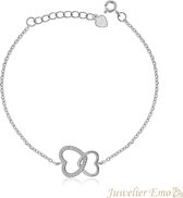 Juwelier Emo - Dubbele Hart Armband met Zirkonia's - Zilveren Armband Dames - LENGTE 19 CM