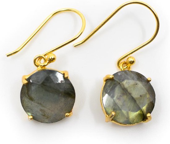 Boucles d'oreilles pendantes en pierres précieuses taille Labradorite - Argent 925 et plaqué or
