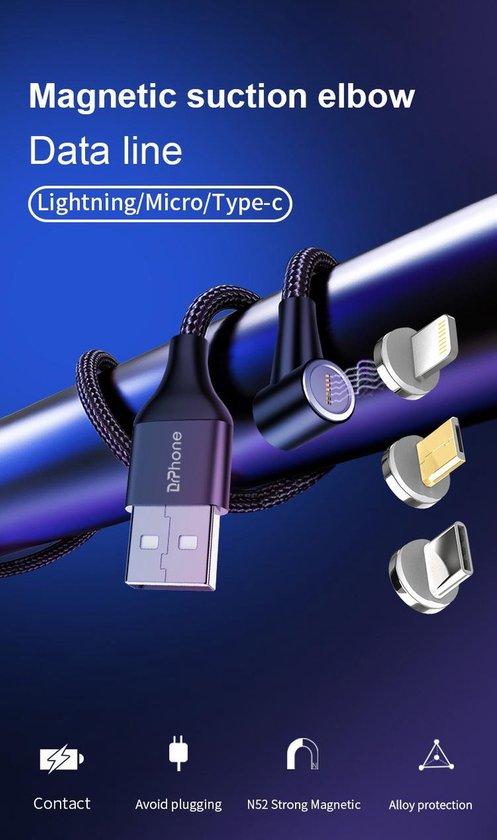 DrPhone Pro Series - Câble de charge Micro USB magnétique 90 ° à angle  droit - 3A MAX