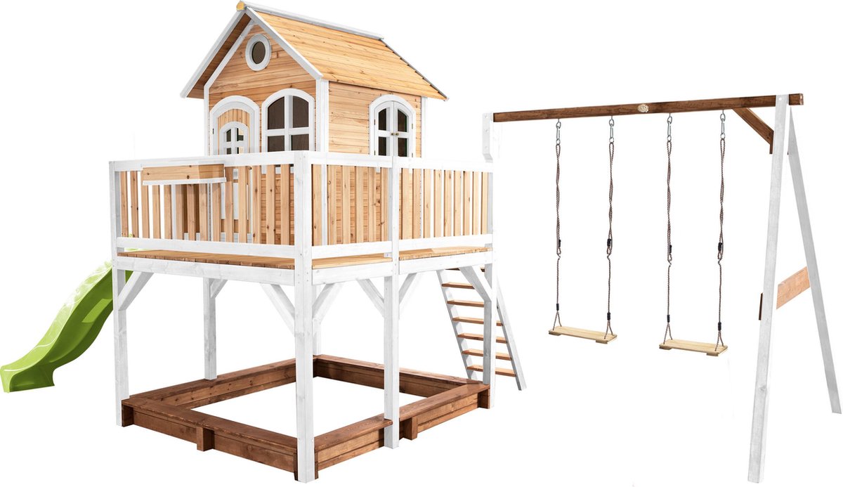 AXI Liam Speelhuis in Bruin/Wit - Met Verdieping, Zandbak, Dubbele Schommel en Limoen Groene Glijbaan - Speelhuisje voor de tuin / buiten - FSC hout - Speeltoestel voor kinderen