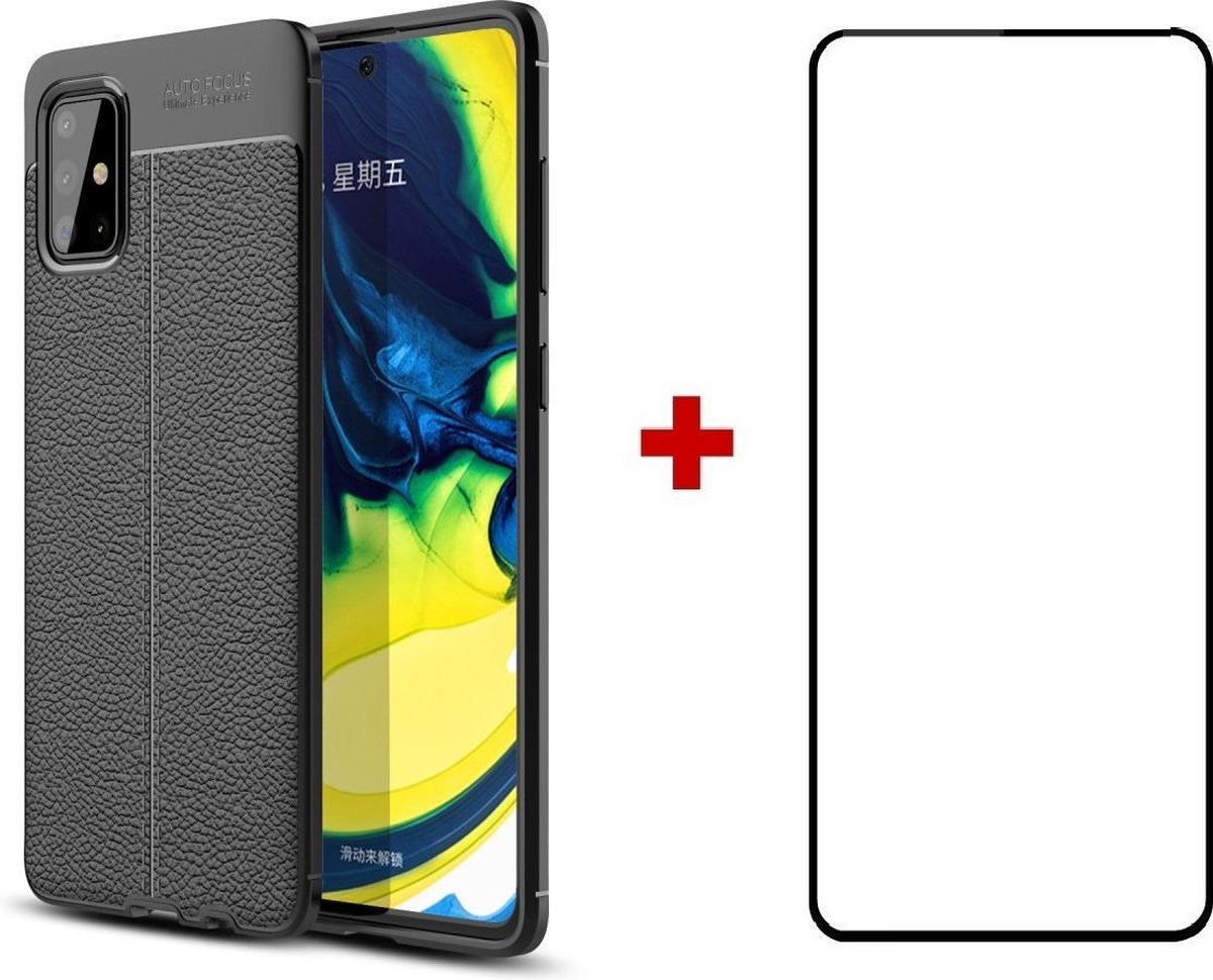 Silicone Leatherlook TPU gel zwart hoesje Telefoonhoesje geschikt voor Samsung Galaxy A71 met (full cover) glas screenprotector