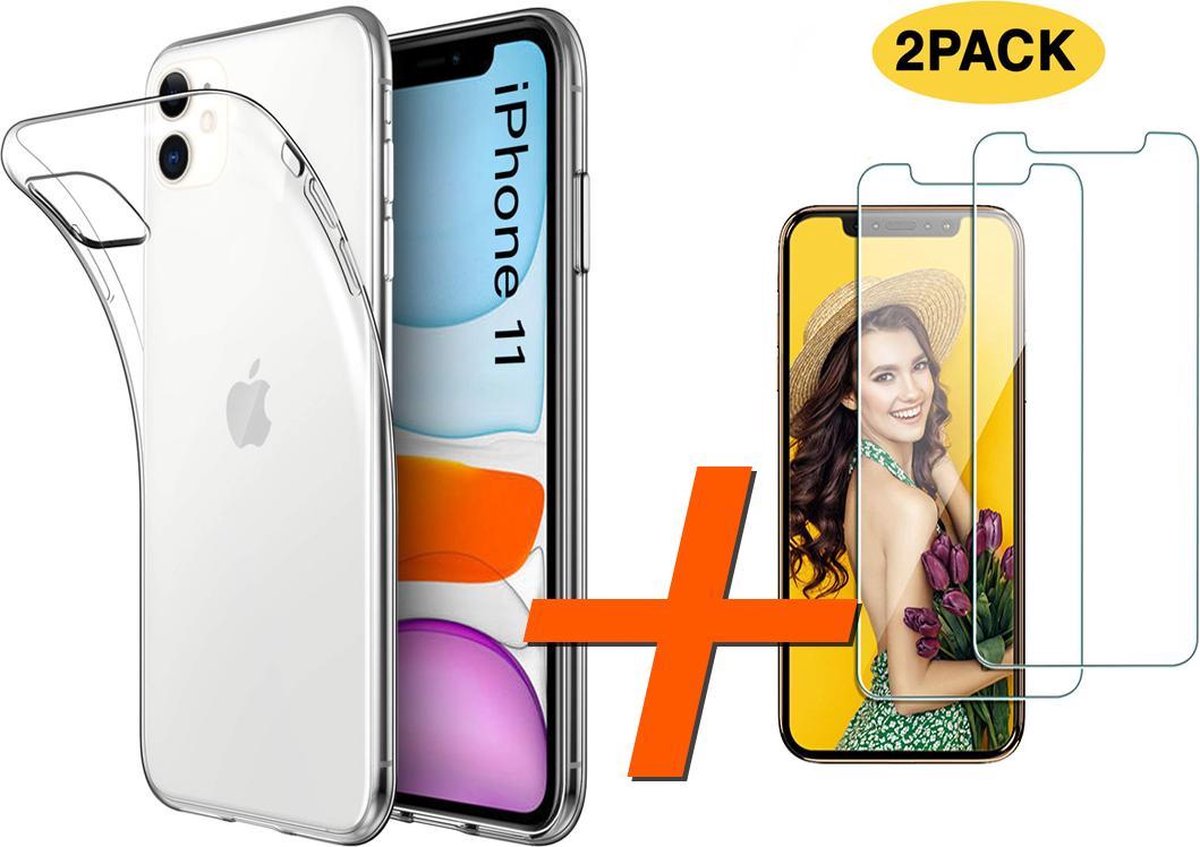 Hoesje geschikt voor iPhone 11 Hoesje Tranpsarant - Silicone Case - 2x Temerped Glass Screenprotector - Epicmobile