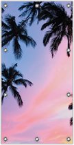 Tuinposter –Palmbomen met Kleurrijke Lucht– 100x200cm Foto op Tuinposter (wanddecoratie voor buiten en binnen)