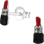 Joy|S - Zilveren lipstick oorbellen met kristal rood zwart 3 x 8 mm lippenstift