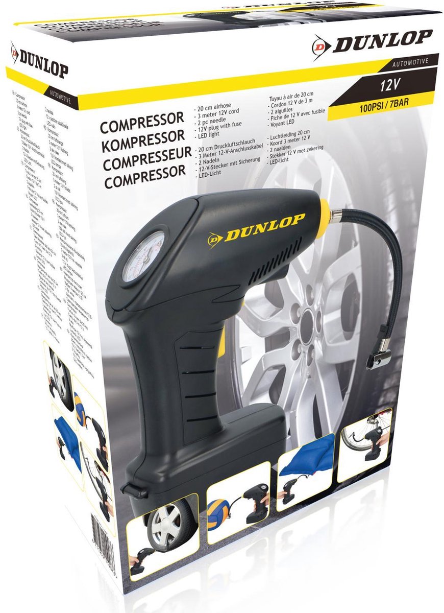 Dunlop luchtcompressor - 12V - 100psi - 7bar - 3meter | bol.com