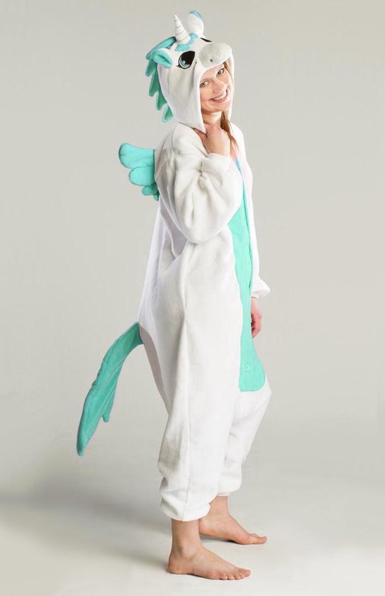 KIMU Onesie Turquoise Pegasus Pak - Maat 146-152 - Pegasuspak Kostuum Wit Groen Unicorn - Kinder Dierenpak Jumpsuit Huispak Pyjama Meisje Festival