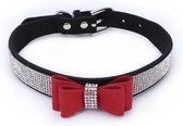 Halsband rood en zwarte strass - strik - hondenstrik - strikje - bling bling - diamantjes - trendy - stoer - chique- hondenmode - fancy - hond - riem - hondenriem