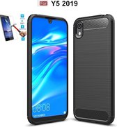 Huawei Y5 2019 / Honor 8S Carbone Brushed Tpu Zwart Cover Case Hoesje - 1 x Tempered Glass Screenprotector CTBL