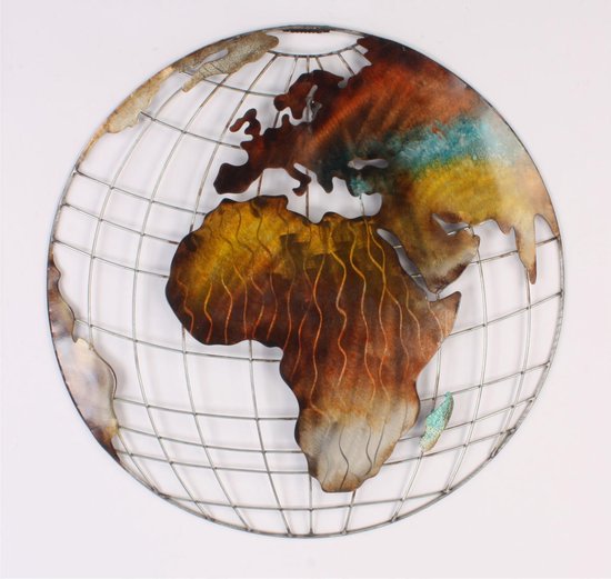 Wandbord wereldbol rond van metaal in aardetinten