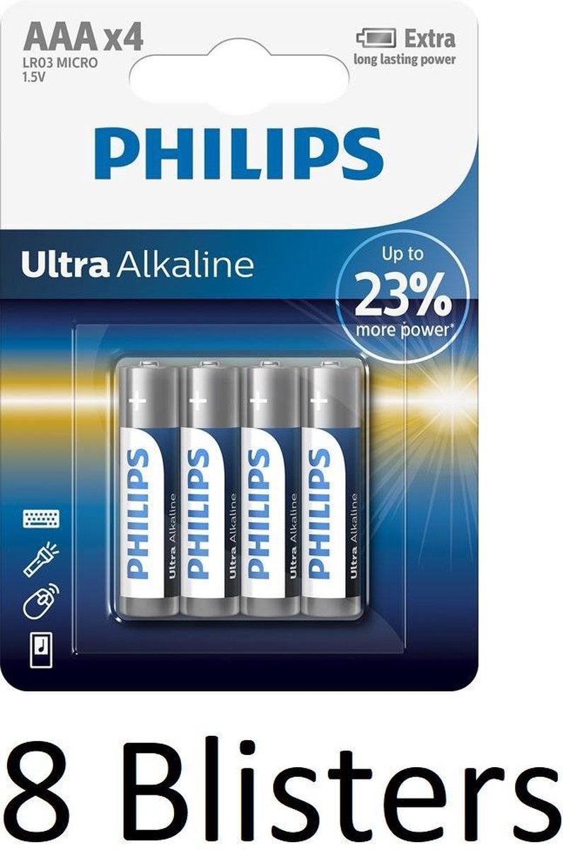32 Stuks (8 Blisters a 4 st) Philips AAA Ultra Alkaline Batterijen