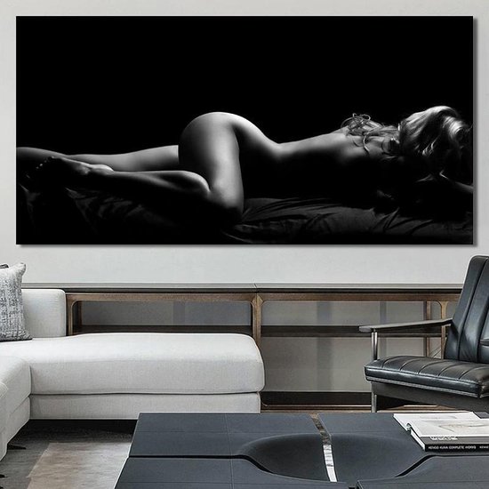 Peinture sur toile * Femme nue sexy en Zwart Wit * - Art mural - Modèle d' Art corporel - Zwart- 60 x 120 cm