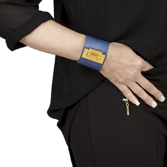 NEW SALE, BELUCIA dames armband ZK-03 kalfsleer mat blauw, goudkleurig, maat 17 cm