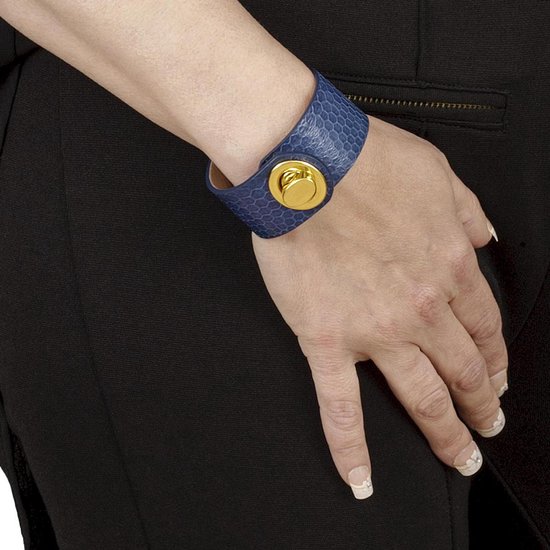 NEW SALE, BELUCIA dames armband LK-03 kalfsleer shiny blauw, goudkleurig, maat 17 cm
