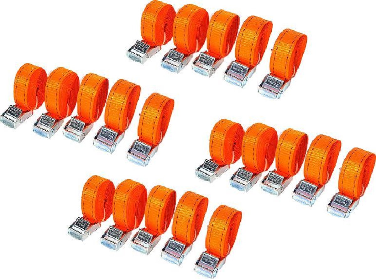 JUMBO Spanband 20 stuks, 250cm, 25mm met klemgesp , 250KG. Fluo oranje TUV gecertificeerd, conform EN-12195-2