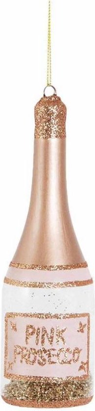 Roze glitter proseccofles decoratie met gouden accenten en de tekst 'Pink Prosecco'.