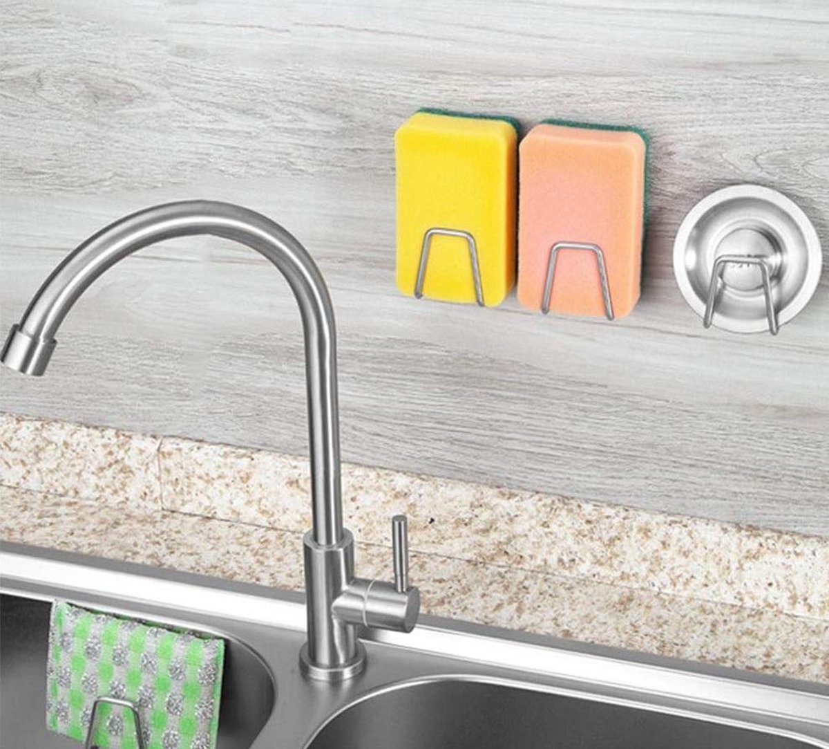 Asonen Witte sponshouder met 4 haken voor gootsteen Organizer Opknoping Geen Boren, Caddy Muur Keuken Organizer Rack met Druppellade Opslag