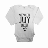 Baby rompertje see you in july uncle | Bekendmaking zwangerschap | Cadeau voor de liefste aanstaande uncle | Bekendmaking zwangerschap rompertje voor uncle in de maat 56.