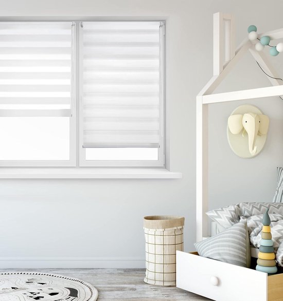 Store enrouleur double couche nuit et jour - 140 x 130 cm - Blanc - Sans outils - Occultant - Économie d'énergie.