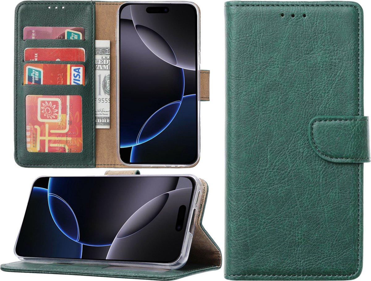 Hoesje Geschikt voor iPhone 16 Pro hoesje – portemonnee bookcase met pasjeshouder – Groen