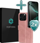 Forterra Hoesje Geschikt voor iPhone 16 Pro Max Book Case Kunstleer Hoes Met 2x Screenprotector - Hoes Geschikt voor iPhone 16 Pro Max Hoesje Bookcase Met Pasjeshouder - Rosé goud