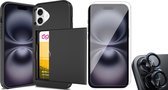 Hoesje met Pasjeshouder geschikt voor iPhone 16 - Screenprotector GlassGuard & Camera Lens Screen Protector Zwart - Back Cover SlideCase Zwart