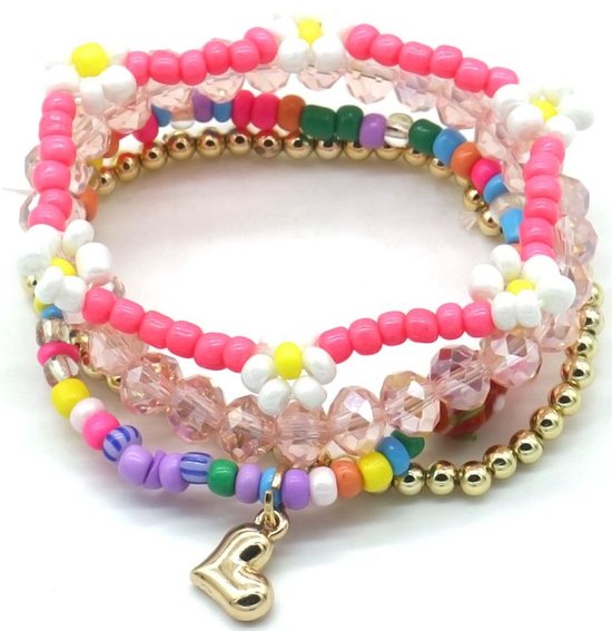 Foto: Armbanden set armbandenset accessoire sieraad elastiek multicolor goudkleurig kralen hartje hip trendy tijdloos accessoire sieraad geschenk cadeau feest feestdagen verjaardag dames vrouwen