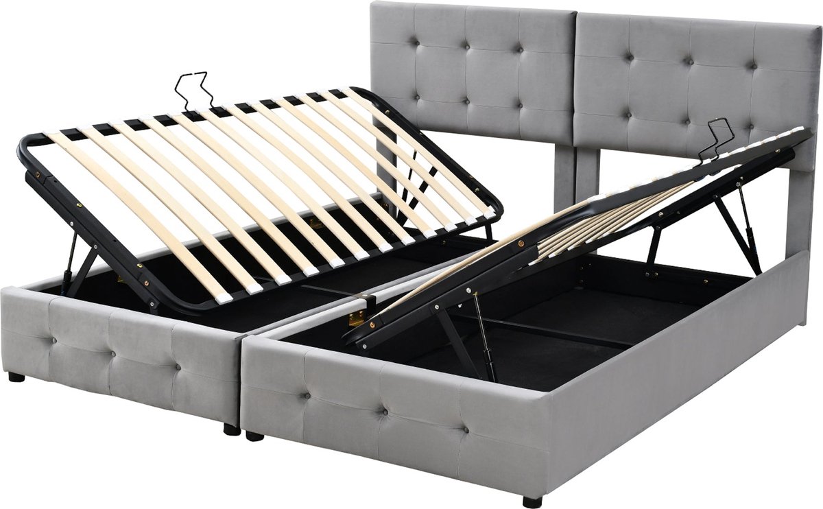 Merax Tweepersoonsbed 180x200 cm – Grijs Fluweel – Kingsize Bed met Hydraulisch Opbergsysteem en Verstelbaar Hoofdbord – 2-in-1 Deelbaar naar 2 Bedden 90x200