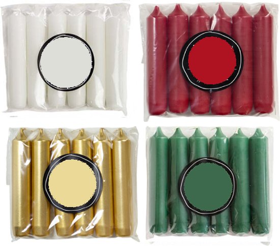 Kleine korte dinerkaarsen 4 pakjes a 6 kaarsen 24 stuks Ø 2.1 x 12 cm in de mooiste kleuren - Kerst - Rood Wit Goud Groen Voordeel