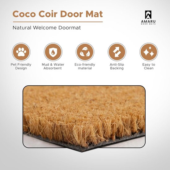 KARAT Kokosdeurmat, deurmat, vuil-vasthoudende mat, kokosmat met antislip achterkant (naturel, 40 x 60 cm, 2,4 cm dik