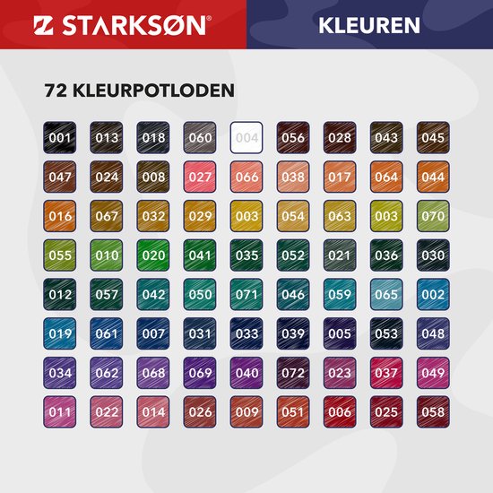 Overzicht van 72 Starkson kleurpotloden met nummers en kleurnamen.