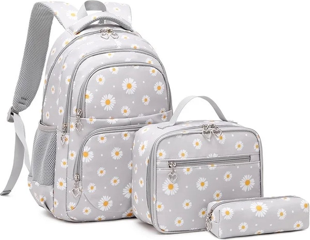 Ultiluxe® Rugzak met madeliefjesprint - Grijs/wit - Rugtas, lunchtas en etui - Schoolrugzak voor kinderen - Madeliefjes schoolrugtas - 15.6 inch laptoptas - 30 x 17 x 44 cm - Meiden school tassen set - 22 L - Schooltas voor meisjes