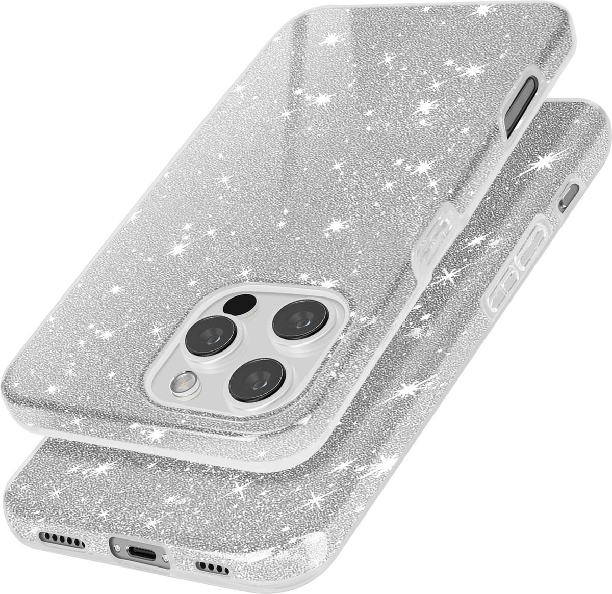 Avizar Glitter case Geschikt voor Apple iPhone 16 Pro Hybride design Glamour, Zilver