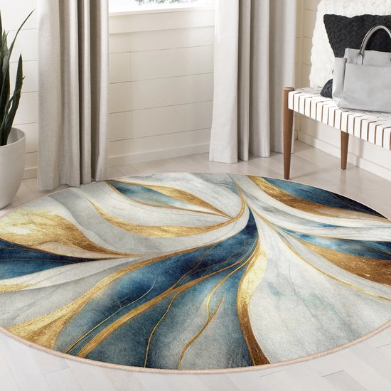Tapis Rond Moderne Bleu Et Jaune – Design Abstrait, Antidérapant, Lavable En Machine, 180 Cm