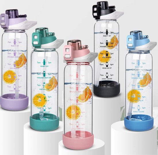 Seekua 1 liter sportdrinkfles, glazen fles met rietje en tijdmarkering, lekvrij, BPA-vrij, 1 liter waterfles, motivatie met beschermhoes voor smoothie, vruchten, koolzuur geschikt Seekua 1 liter sportdrinkfles, glazen fles met rietje en tijdmarkering, lekvrij, BPA-vrij, 1 liter waterfles, motivatie met beschermhoes voor smoothie, vruchten, koolzuur geschikt
