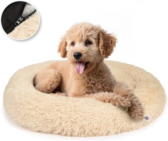 Foto: Pet perfect premium donut hondenmand 80 cm fluffy hondenkussen hondenbed beige met rits wasbaar extra gevuld