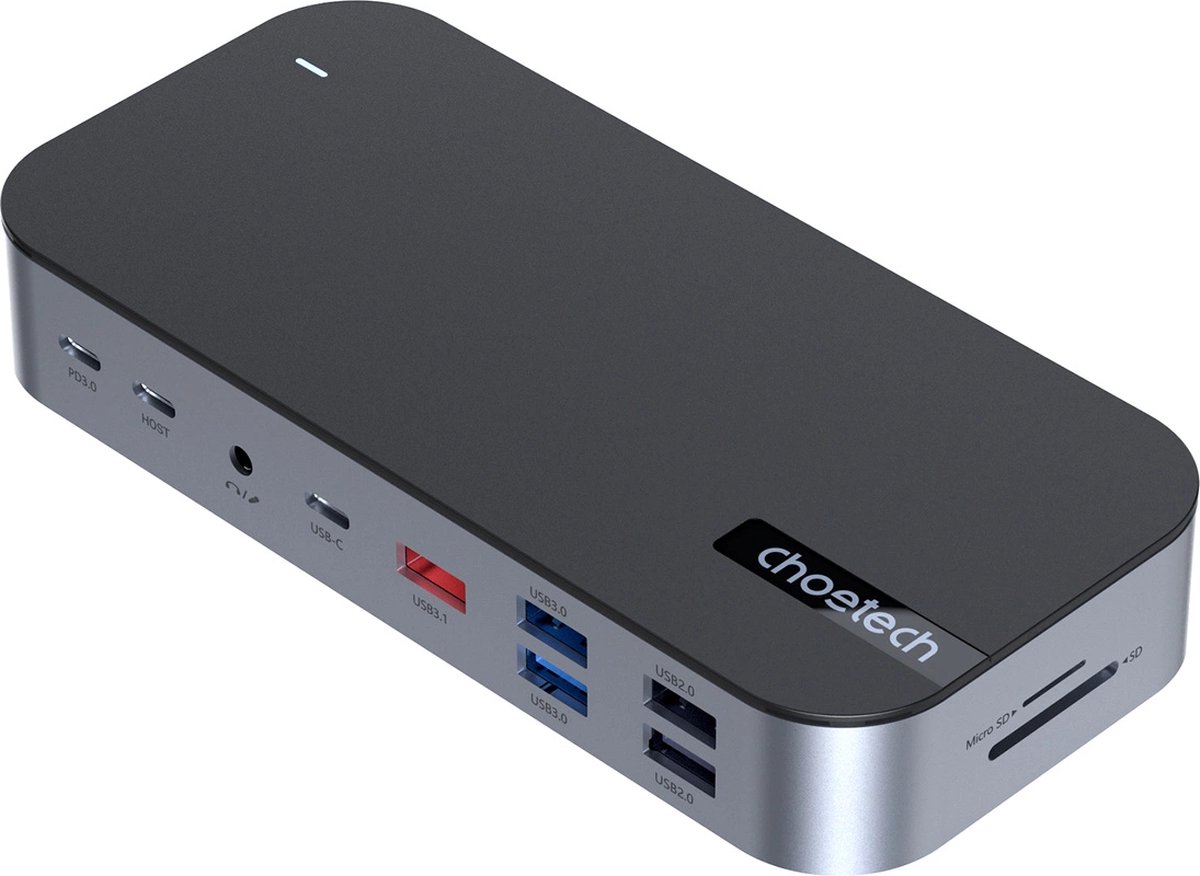 HUB-adapter M52 USB-C USB-A HDMI VGA DP SD TF RJ45 AUX PD Grijs
