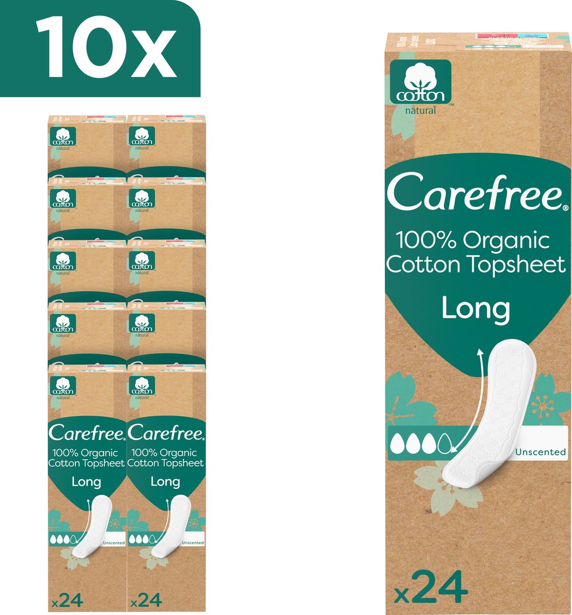 Goedkoopste Carefree Organic Long inlegkruisjes - van 100 biologisch katoen - hypoallergeen - dermatologisch getest - 10 x 24 stuks