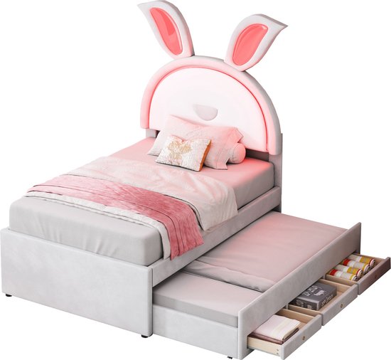 Foto: Merax gestoffeerd kinderbed 90x200 cm met extra uitschuifbaar bed 90x190 cm en konijnen oren luxe eenpersoonsbed in fluwelen stof met led verlichting beige