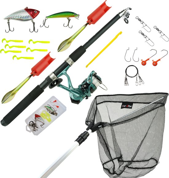 Fish-Xpro Allround Vishengel Vakantie Set 2,10m - Werpmolen met Nylon - Schepnet 40x40 - Hengelsteun - Tackle Box met Accessoires - Werphengel - Reisset