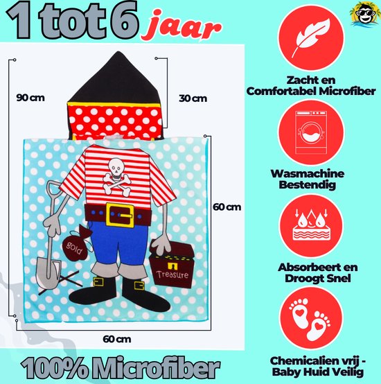 BoefieBoef Kinder Badponcho - Baby Badcape - Microfiber Kleuter Badjas Met Capuchon - Kerst Cadeau - Peuter Strandponcho Voor Kinderen tot 6 jaar - 60x90cm - Piraat Schat Rood - jongens - meisje - Peuter - Zomer - Strandlaken - Surfponcho -Dreumes van BoefieBoef — afbeelding 2