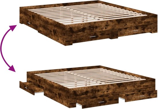 vidaXL - Bedframe - met - lades - bewerkt - hout - gerookt - eikenkleurig - 200x200 - cm