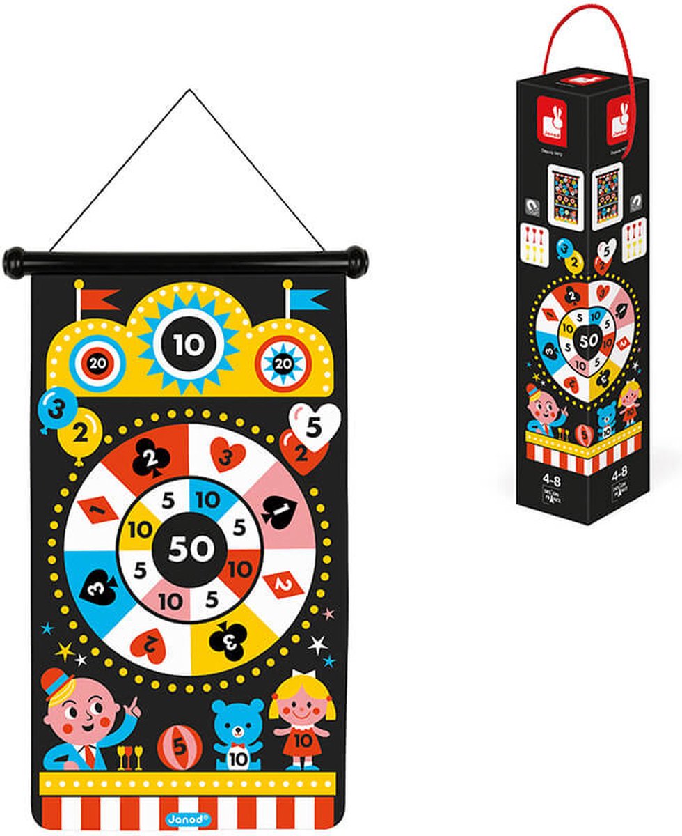 Janod Spel - Dartspel Kermis - Een Dubbelzijdig Magnetisch Dartbord Voor Twee Keer Zoveel Plezier! - Daag Je Naasten Uit Voor Een Wedstrijd Met De 6 Bijgeleverde Gekleurde Darts - Geschikt Vanaf 4 Jaar