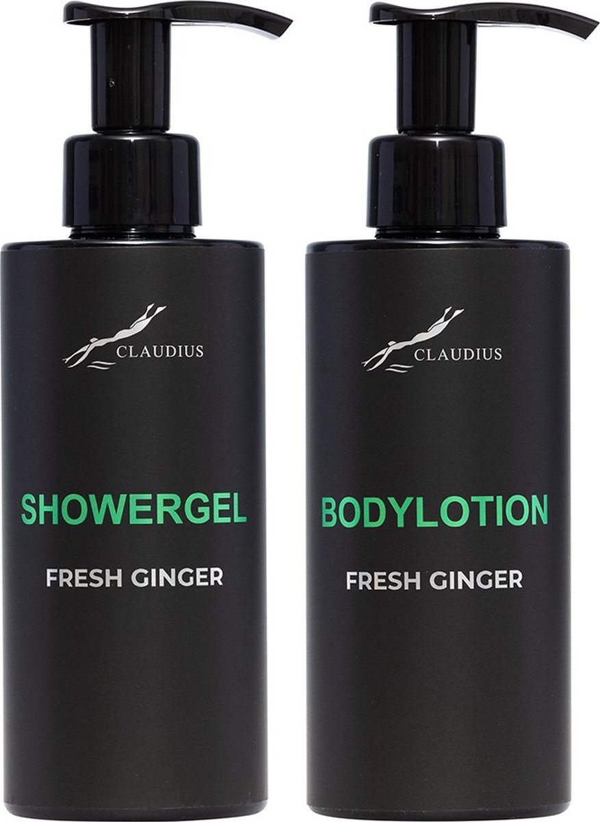 Goedkoopste Douchepakket Fresh Ginger - Showergel Bodylotion - 300 ml per fles - Claudius Cosmetics - bodycare - luxe fles - set van 2 stuks - Cadeau