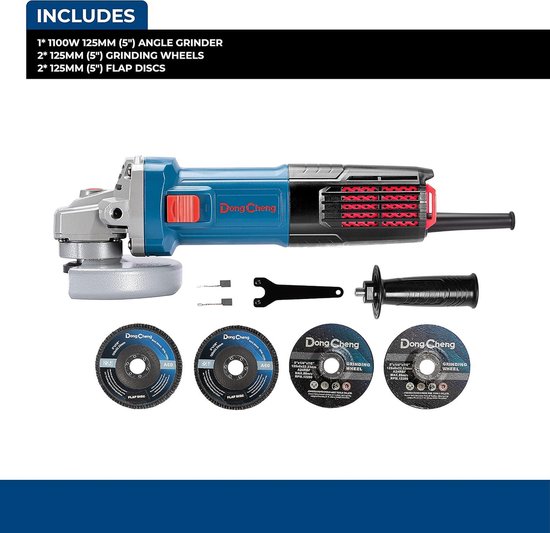 DongCheng Haakse slijper 1100 W schijf 125 mm, stationair toerental 11800 tpm, snelsluitdeksel, extra handgreep, met 2 schuurschijven, 2 snijschijven