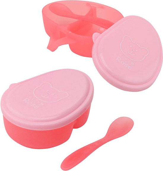 Roze Baby Rose lunchbox met twee vakken en twee lepels, een gesloten en een open.