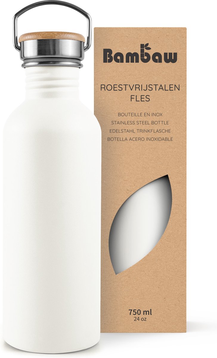 Bambaw® Waterfles 750ml - Enkelwandige drinkfles - Lekvrij, Plasticvrij met Bamboe Dop - Waterflessen Volwassenen - Waterfles RVS - Perfect voor Reizen, Wandelen, Dagelijks Gebruik, Kamperen - Water Fles - Camping - Wit